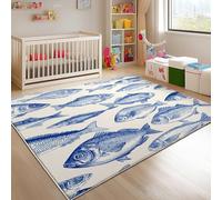 Genérico Franela Alfombras de Habitacion Antideslizantes 120x180 cm Azul Tapete Suave Que No se Desprende, Estampado de Peces Pintado a Mano Alfombras para Interiores para Sala, Dormitorio, Comedor