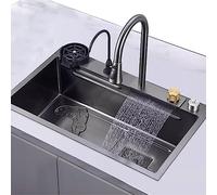 Genérico Fregadero de Acero Inoxidable con Cascada, multifunción y Pantalla Digital, Fregadero de Cocina Negro con Grifo de Cascada - Fregadero de Acero Inoxidable con lavavasos, Accesorios completos