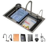 Genérico Fregadero de Acero Inoxidable con Cascada, Pantalla Digital multifunción, 65x50 cm. Fregadero de Cocina Moderno de Acero Inoxidable de 1 cubeta con Grifo, colador y Kit de desagüe. Diseño mu