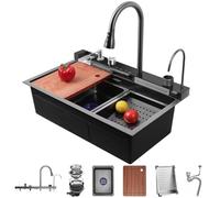 Genérico Fregadero Multifuncional de Acero Inoxidable con Cascada y Pantalla Digital, Fregadero de un Solo Seno con Cascada, Fregadero de Cocina Multifuncional con Grifo extraíble Tipo Cascada y jueg