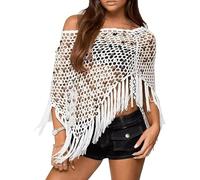 Genérico Fringe Sequin Crochet Poncho Boho Summer Sheer Cover Up Sheer Mesh Poncho Shrug Bolero Sweater Shawl (1,Talla única)