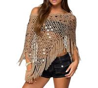 Genérico Fringe Sequin Crochet Poncho Boho Summer Sheer Cover Up Sheer Mesh Poncho Shrug Bolero Sweater Shawl (3,Talla única)
