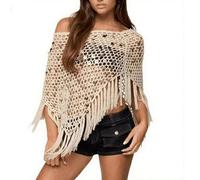 Genérico Fringe Sequin Crochet Poncho, Women Sheer Poncho Top, Lightweight Knit Mesh Flared Sleeve Beach Cover Ups