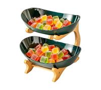 Genérico Fruit Basket - Ceramic 25x22cm, Space Saving 2 Tier, Wooden Stand Counter Food Storage Tray | Snack, Dessert Display, Candy Holder Serving Stand Home Office Living Room