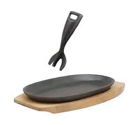 Genérico Frying Pan with Wooden Tray - Oval Safe Nonstick Cooking Griddle | Iron Skillet Steak Pan for Home Restaurant Kitchen Indoor BBQ Party Oven Fish Bacon Meat