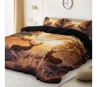 Generico Funda Nordica Cama 105, Juegos de Fundas con Patron de Bosque Amanecer Ciervo Microfibra 3 Piezas Compuesto por 1 Fundas de edredón 200 x 200 cm + 2 Fundas de Almohada 50x75cm, Negro