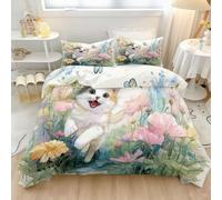 Genérico Funda Nórdica Cama 150 de 3 Piezas, Blanco Microfibra Funda de Edredón 200 x 200 cm + 2 Fundas Almohada, Acuarela Preciosa Flores Animales Gatos Funda Nordica para Infantil Niños Niña