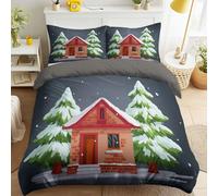 Genérico Funda Nordica Cama 180-260 x 240 cm, Árbol Navidad Lindo Cabaña Madera Nieve para Niños, Gris, Dibujos Animados, Suave Microfibra Juego de Funda Edredon, Reversible, Agradable para la Piel