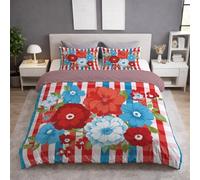 Genérico Funda Nordica Cama 180 - Juego de Funda Edredon 260 x 240 cm 3 Piezas + 2 Fundas de Almohada 50 x 75 cm, Microfibra Suave y para la Piel, Antiarrugas, Rojo y Blanco, Cuadros Rayas Floral