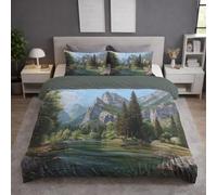 Genérico Funda Nordica Cama 180 - Microfibra Juego de Funda Nórdica 240x220 cm y 2 Fundas de Almohada 50x75 cm, Suave, Transpirable y Delicada para la Piel, Verde, Montañas Árboles Ríos