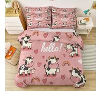 Genérico Funda Nórdica Cama 90 de 3 Piezas, Microfibra Funda de Edredón 140 x 200 cm + 2 Fundas Almohada, Dibujos Animados Lindo Animal Vaca Corazón Funda Nordica con Cremalleras - Rosa