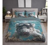 Genérico Funda Nordica Cama 90 - Microfibra Juego de Funda Nórdica 140x200 cm y 1 Funda de Almohada 50x75 cm, Suave, Transpirable y Delicada para la Piel, Azul, Animales Buceando Pequeño Tigre