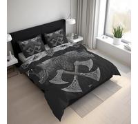 Genérico Funda Nórdica Oso Vikingo Microfibra Suave Runas Hacha Mitología Nórdica Juego de Ropa de Cama 3 Piezas con 1 Funda de Edredón y 2 Funda de Almohad