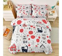 Genérico Funda Nórdica para Niños Y Niñas, Blanco Grisáceo Microfibra Retro Animales Gatos Frutas Manzanas Funda Nordica 3 Piezas con Cremallera - 1 Funda Edredón 220 x 220 cm + 2 Fundas de Almohada