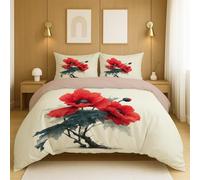 Genérico Fundas nórdicas Calidad de Hotel Microfibra de poliéster con Fundas de Almohada Dormitorio Beige Rojo Pintura A Tinta Flor EstéTico,135x200cm(53" x 79")