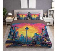 Genérico Fundas para edredon Cama 135, Multicolor, Funda Nordica 200 x 200 + Funda de Almohada 2 x 50 x 70, Funda Nordica Suave, con Cremallera, Sin Arrugas, Retro Sol Ciudad Brillante