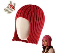 Genérico Funny Ribbed Knit Beanie Hat with Ear Flap,Winter Warm Chic Stretchy Wig Style Knit Cap,Women Windproof Cozy Helmet Hat