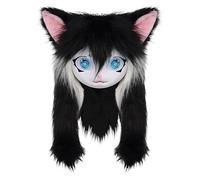 Generico Furry Head, Animal Cat Masque Big Eyes Long Hair, Realistic Plush Costume Prop with Life like Features for Cosplay, Halloween Party, Masquerade, Anime Convention Events, Black