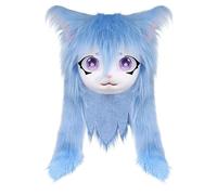Genérico Furry Head, Animal Cat Masque Big Eyes Long Hair, Realistic Plush Costume Prop with Life like Features for Cosplay, Halloween Party, Masquerade, Anime Convention Events, Blue