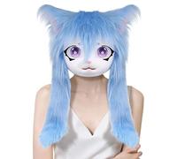 Genérico Furry Head Animal Cat - Realistic Big Eyes Long Hair Costume Masquerade Headpiece, Cosplay Prop for Theatre Performance, Halloween Party, Carnival Costume Accessory 23.62x15.75 inches