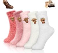 Genérico Fuzzy Cute Embroidered Highland Cow Sock 5 Pairs, Winter Cozy Warm Soft Indoor Slipper Socks (5PCS-B)