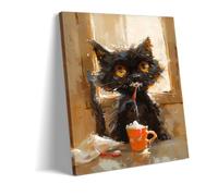 Genérico Gato Del Café Curioso Lámina En Lienzo Gatito Negro Juguetón Pintura Impresionista Moderna Para Cocina Salón Decoración De Pared (1,40x60cm Enmarcado)