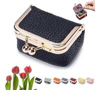Genérico Genuine Leather Mini Jewelry Box, Mini Leather Jewelry Box, Mini Jewelry Organizer for Women, Portable Vintage-inspired Genuine Leather Coin Purse Jewelry Case with Kiss Lock (Black, 1Pc)