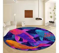 Genérico Geometric Stripes Abstract Animal Fish Washable Round Rugs Diameter 100 cm, Soft Shaggy Low-Pile Indoor Carpet - Non Slip Purple Area Rug for Living Room Bedroom Playroom Dining Room