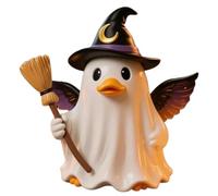 Genérico Ghost Figurine Sculpture, Cute Witch Hat Duck Holding Broom Desktop Ornament, Perfect For Birthday Party Haunted Setup Window Display Indoor Centerpiece and Bedroom Decor, 3.94 X 2.76 In