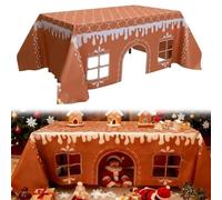 Genérico Gingerbread House Christmas Tablecloth, Reusable Rectangle Table Cover with Playful Cut-out Windows, Festive Winter Pattern Cloth for Party Dining Room Kitchen Decor (59 Inch × 71 Inch)