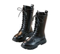 Genérico Girls' Boots, Girls Lace Up Riding Boots Mid Calf Combat Boot, Fashion Waterproof Pu Leather Side Zipper Punk Goth Boot (Black,29)