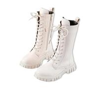 Genérico Girls' Boots, Girls Lace Up Riding Boots Mid Calf Combat Boot, Fashion Waterproof Pu Leather Side Zipper Punk Goth Boot (White,27)