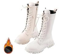 Genérico Girls Lace Up Riding Boots, girls white boots, Mid Calf Combat Boots,Waterproof PU Leather Fashion Side Zipper Punk Goth Boot 4-12 Years (White Velvet,30)