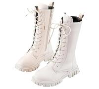 Genérico Girls Lace Up Riding Boots Mid Calf Combat Boot, Fashion Waterproof PU Leather Side Zipper Punk Goth Boot 4-12 Years (White-Plush,13)