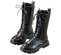 Genérico Girls Lace Up Riding Boots Mid Calf Combat Boot, Fashion Waterproof PU Leather Side Zipper Punk Goth Boot 4-12 Years (Black-Plush,11.5)