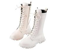 Genérico Girls Lace Up Riding Boots Mid Calf Combat Boots, Fashion PU Leather Side Zipper Punk Goth Bootfor Toddler Little Kid Big Kid (White Velvet,27)
