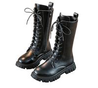 Genérico Girls Lace Up Riding Boots Mid Calf Combat Boots, Fashion PU Leather Side Zipper Punk Goth Bootfor Toddler Little Kid Big Kid (Black Velvet,27)