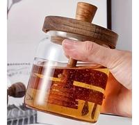 Genérico Glass Honey Storage Pot 500ml Bee Keeper Jar Wooden Top Dipper Stick Leakproof Preserve Container Decorative Kitchen Countertop Vessel For Liquid Sweetener Serving