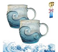 Genérico Glass Ocean Wave Coffee Mugs, 2026 New 12-Oz Sea Glass Ocean Wave Mug, Unique Waves Shape Design Beach Drinkware for Tea Wine Ice Drink (Blue-c,2pcs)