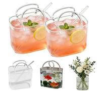 Genérico Glass Purse for Drinks,Handcrafted Purse Drinking Glass with Handle,Creative Purses Shaped Cocktail Glasses,Unique Wine Glasses with Straw for Fruit Juice Afternoon Tea Flowers (2)