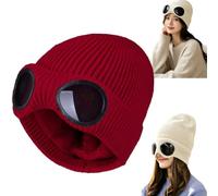 Genérico Goggle Knitted Beanie,Unisex Goggle Knitted Beanie Hat Windproof Warm Winter Skull Cap,Chunky Soft Slouchy Beanie Outfits，Wine Red