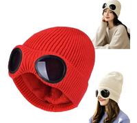 Genérico Goggle Knitted Beanie,Unisex Goggle Knitted Beanie Hat Windproof Warm Winter Skull Cap,Chunky Soft Slouchy Beanie Outfits，Red