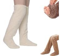 Genérico Goose Down Knee Socks for Christmas, Long Fuzzy Thigh High Warm Socks, Winter Indoor Fuzzy Thermal Home Sleeping Sock for Cold Weather (Beige)