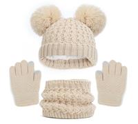 Genérico Gorro de invierno para niños, guantes, bufanda, conjunto de gorros para niñas y niños pequeños con pompón, calentador de cuello, polaina, mitones, conjunto forrado de lana (Beige, 1-6 Years)