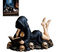 Genérico Gothic Hooded Reader Figurine, Halloween Dark Fantasy Figure, Faceless Black Robe Resin Statue with Book Skull Accents, Book Lover Gifts for Library,Desk & Home Decoration
