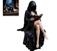 Genérico Gothic Hooded Reader Figurine, Halloween Dark Fantasy Figure, Faceless Black Robe Resin Statue with Book Skull Accents, Book Lover Gifts for Library,Desk & Home Decoration
