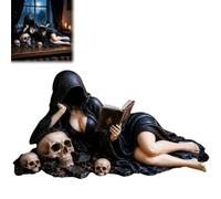 Genérico Gothic Hooded Reader Figurine, Halloween Dark Fantasy Figure, Faceless Black Robe Resin Statue with Book Skull Accents, Book Lover Gifts for Library,Desk & Home Decoration