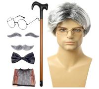 Genérico Grandpa Costume Set - Old Man Wig Grandpa Wigs, Costume Theme Party | Wig Walking Cane Glasses Faux Eyebrows Artificial Mustache Bow Tie For Grandpas Cosplay Halloween Christmas, 8*PCS