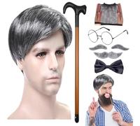 Genérico Grandpa Costume Set - Old Man Wig Grandpa Wigs, Costume Theme Party | Wig Walking Cane Glasses Faux Eyebrows Artificial Mustache Bow Tie For Grandpas Cosplay Halloween Christmas, 8*PCS