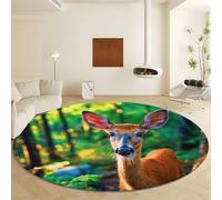 Genérico Green Round Rugs Diameter 60 cm Machine Washable, Soft Low-Pile Indoor Circle Carpets with Non-Slip Backing - Photography Style Forest Animal Deer for Living Room Bedroom Kitchen Nursery